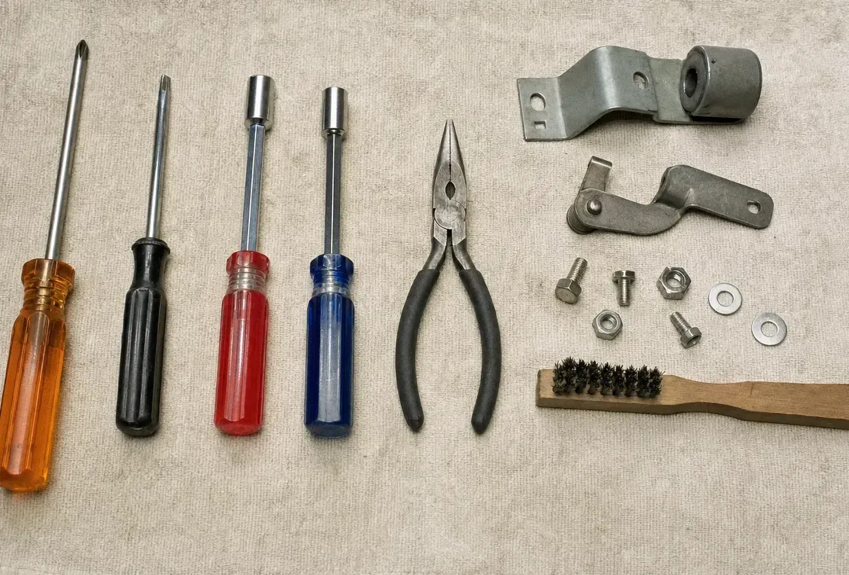 Four screwdrivers in a row on a cloth beside long-nose pliers, a wire brush, two steel brackets and loose bolts