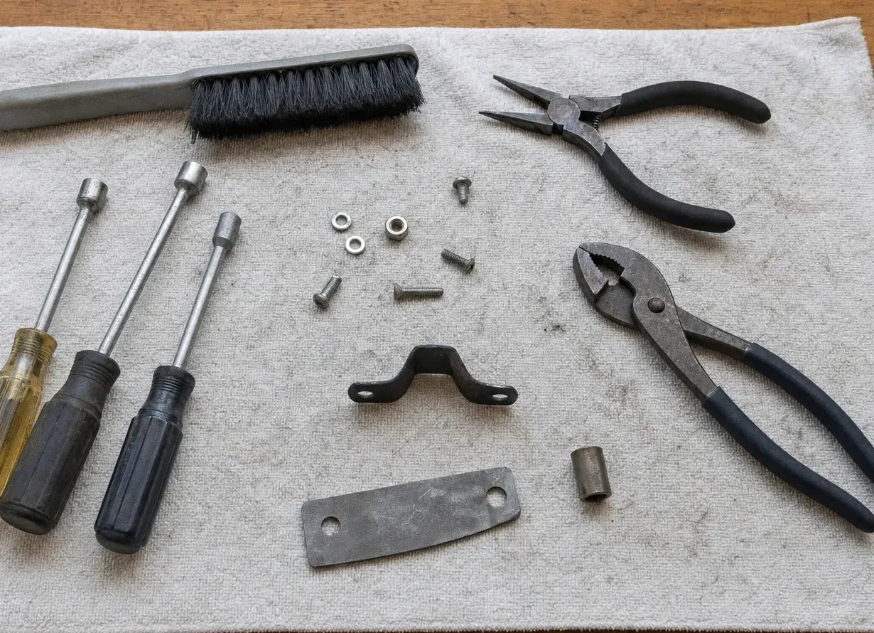 Nut drivers and screwdrivers on a cloth with slip-joint pliers, a flat mounting plate and a curved bracket